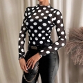 Women Sexy Polka Dot Mesh Sheer Top Long Sleeve Half High Neck Slim Fit T-Shirt With Lettuce Trim Black White Polka Dot Tee Fashion Clubwear