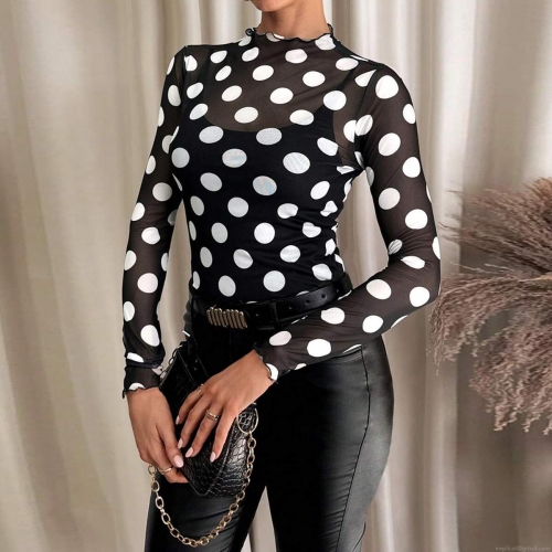 Women Sexy Polka Dot Mesh Sheer Top Long Sleeve Half High Neck Slim Fit T-Shirt With Lettuce Trim Black White Polka Dot Tee Fashion Clubwear