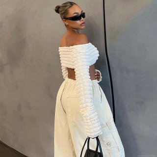 Women Sexy Off Shoulder Popcorn Texture Crop Top Long Sleeve Slim Fit Solid Color Polyester T-Shirt Streetwear Clubwear Party Top