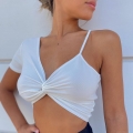 Women Sexy Asymmetric One Shoulder Ribbed Knit Crop Top Twisted Front Cut Out Short Sleeve T-Shirt Streetwear Slim Fit Basic Tee