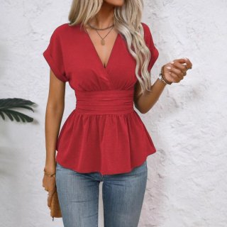 Women's V Neck Peplum Top Elegant Smocked Waist Short Sleeve T-Shirt 100% Polyester Solid Color Raglan Sleeve Ruffle Hem Blouse for Casual Office Dating