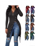 Women's Sexy Long Sleeve V Neck Zipper Ribbed Knit Top Slim Fit High Slit Longline T-Shirt Bodycon Mini Dress For Night Out Party Clubwear