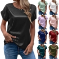 Women's Satin Short Sleeve T-Shirt Summer Round Neck Solid Color Temperament OL Style Silky Top for Office Commute Lady