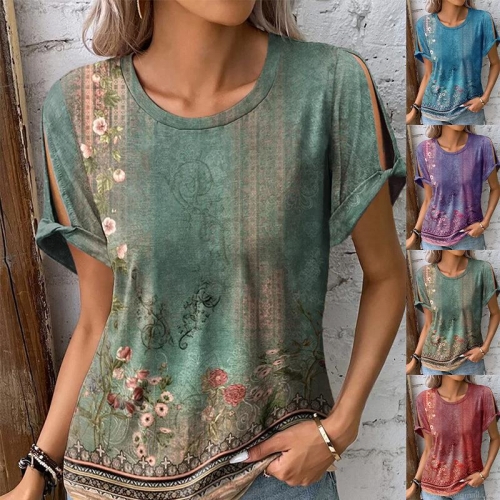 Women's Bohemia Print T-Shirt Polyester Spandex Cold Shoulder Cut Out Sleeve Crew Neck Breathable Vintage Floral Printed Summer Casual Top