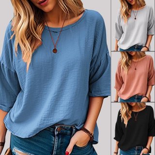 Women Casual Solid Color Round Neck T-Shirt Crinkled Texture 7/10 Sleeve Loose Fit Polyester Spandex Blouse Summer Commute Top