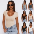 Women's Sexy Deep Scoop Neck Ribbed T-Shirt Slim Fit Short Sleeve Viscose Knit Top Casual Solid Color Basic Summer Streetwear Tee