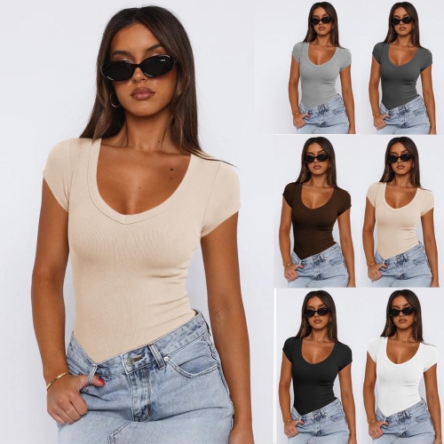 Women's Sexy Deep Scoop Neck Ribbed T-Shirt Slim Fit Short Sleeve Viscose Knit Top Casual Solid Color Basic Summer Streetwear Tee