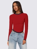 Women's Sexy Contrast Trim Ribbed Knit Long Sleeve T-Shirt Slim Fit Round Neck Curved Hem Crop Top Casual Commuter Style Streetwear Fall Winter Tee
