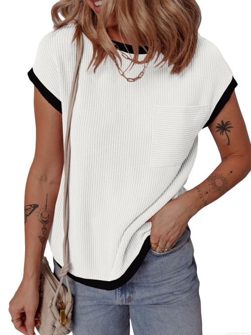Women's Ribbed Knit T-Shirt Contrast Binding Round Neck Short Sleeve Top With Chest Pocket Casual Summer Commuter Tee For Women