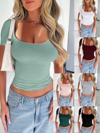Women's Sexy Square Neck Short Sleeve T-Shirt Slim Fit Crop Top Polyester Spandex Solid Color Basic Tee For Summer Daily Casual Wear Soft Stretchy Lightweight Fashion Top For Women Lady