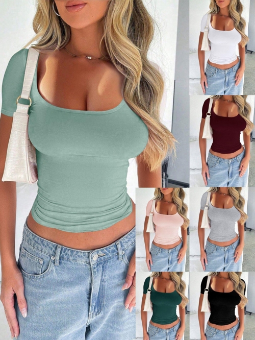 Women's Sexy Square Neck Short Sleeve T-Shirt Slim Fit Crop Top Polyester Spandex Solid Color Basic Tee For Summer Daily Casual Wear Soft Stretchy Lightweight Fashion Top For Women Lady
