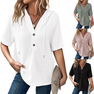 Women's Waffle Knit Short Sleeve Hoodie T-Shirt Lightweight Polyester Spandex V Neck Three Button Drawstring Top Daily Casual Summer Loose Fit Streetwear Shirt