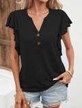 Women's Elegant V Neck Ruffle Sleeve T-Shirt Solid Color Loose Fit Polyester Spandex Blended Summer Top With Decorative Buttons For Office Daily Commute