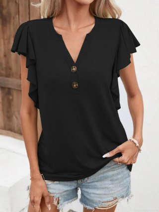 Women's Elegant V Neck Ruffle Sleeve T-Shirt Solid Color Loose Fit Polyester Spandex Blended Summer Top With Decorative Buttons For Office Daily Commute