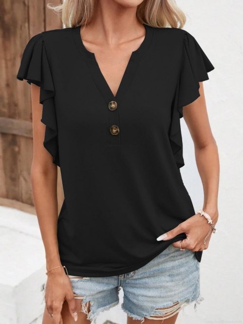 Women's Elegant V Neck Ruffle Sleeve T-Shirt Solid Color Loose Fit Polyester Spandex Blended Summer Top With Decorative Buttons For Office Daily Commute