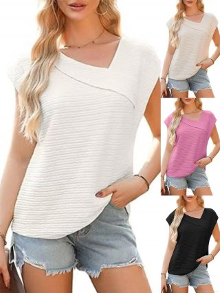 Women's One Shoulder Pleated T-Shirt Elegant Asymmetric Neck Short Sleeve Top Summer Polyester Blend Textured Casual Blouse For Women