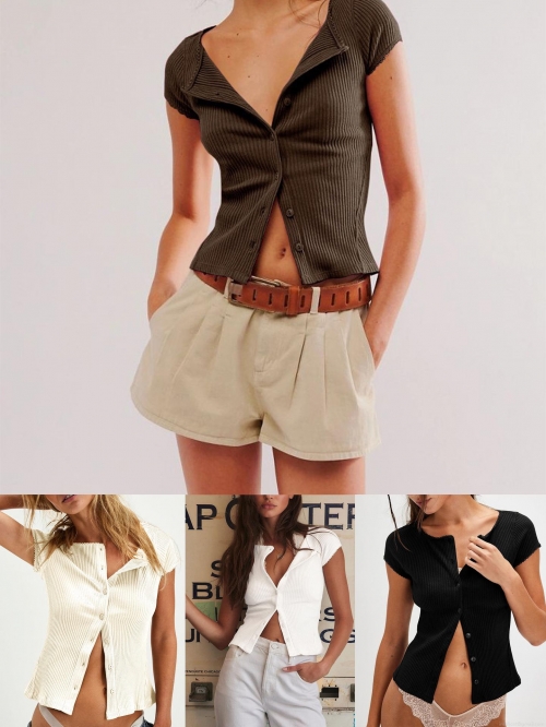 Sexy Ribbed Knit Slim Fit Short Sleeve T-Shirt For Women Summer V Neck Button Down Cardigan Top Polyester Spandex Solid Color Streetwear Fashion