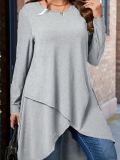 Women Plus Size Casual Asymmetrical Layered Hem Long Sleeve Top Round Neck Polyester Spandex Loose Fit T-Shirt Blouse Autumn Commute Fashion