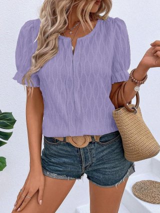 Women's Plus Size V Neck T-Shirt Jacquard Wave Texture Puff Sleeve Top Loose Casual Short Sleeve Blouse for Summer Ladies