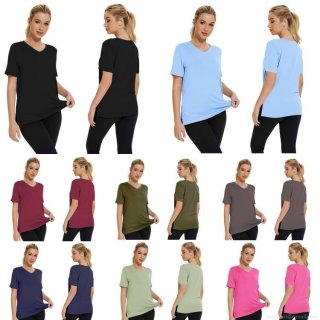Women's V Neck Short Sleeve T-Shirt Loose Fit Casual Side Split Solid Color Soft Polyester Summer Tee Tops for Women