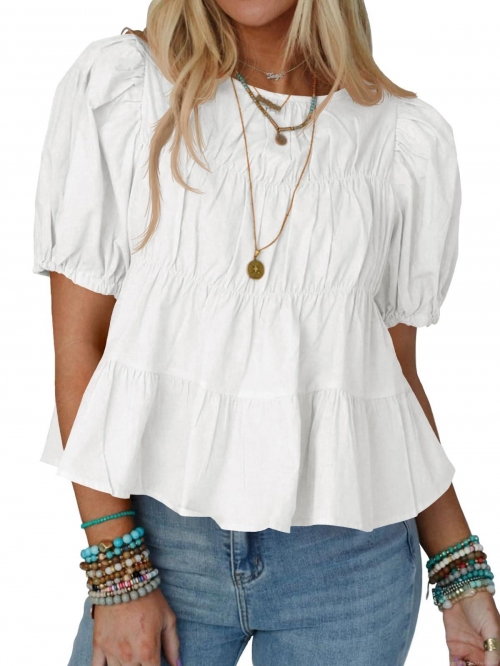 Women Sweet Puff Sleeve Babydoll Top Casual Loose Ruffle Short Sleeve T-Shirt Summer Solid Color Tiered Pleated Blouse For Women