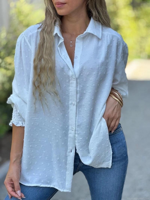 Women's Elegant Swiss Dot Polyester Spandex Long Sleeve Blouse Casual Loose Fit Button Down Shirt Polo Neck Top for Office Commuter Ladies