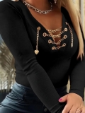 Women's Elegant V-Neck Long Sleeve T-Shirt Slim Fit Ribbed Knit Solid Color Top With Gold Metal Chain Heart Pendant Autumn Winter Casual Chic Blouse