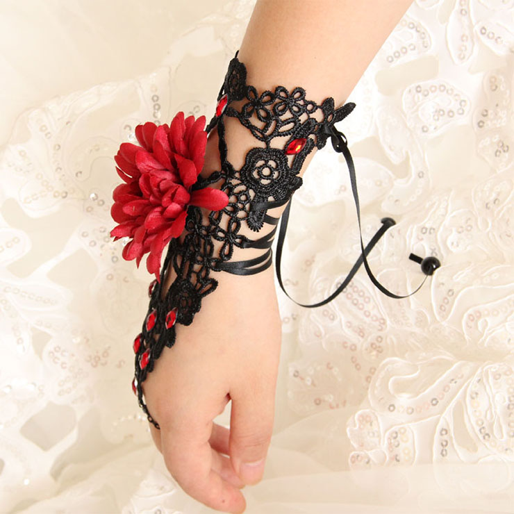Gothic Black Lace Long Wristband Victorian Flower Embellishment Bracelet J17786