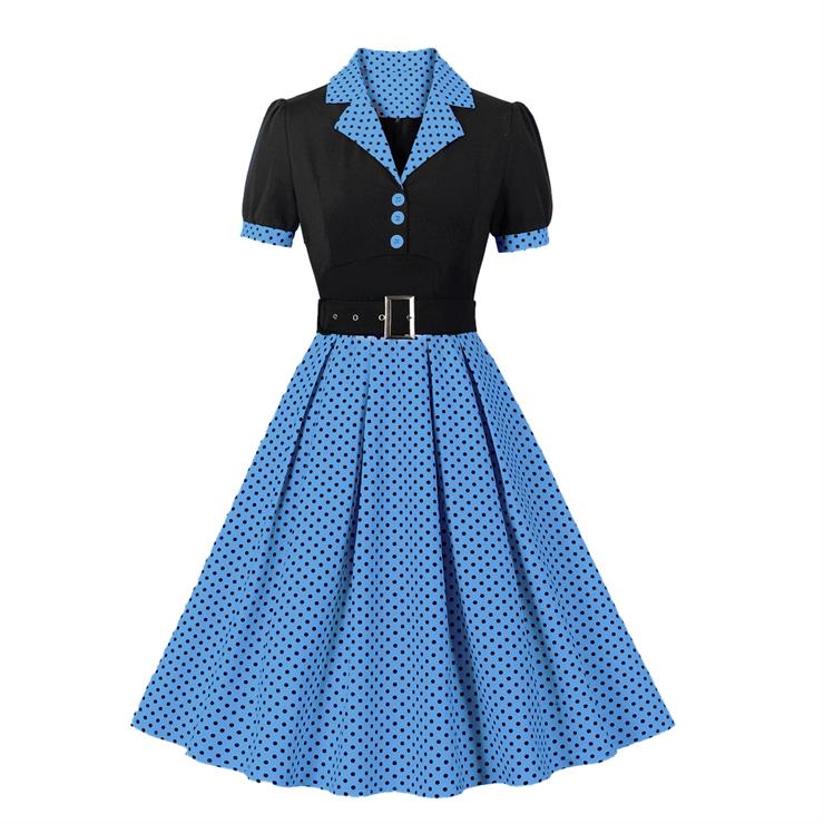 Vintage Polka Dot Collar Short Sleeve Belted Fit and Flare Dress N23716