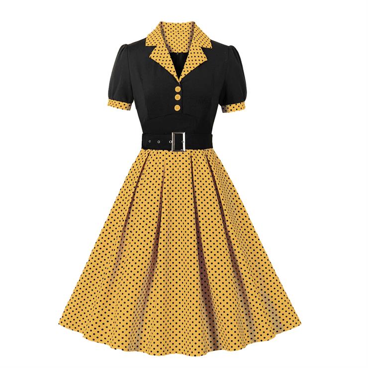 Vintage Polka Dot Collar Short Sleeve Belted Fit and Flare Dress N23715