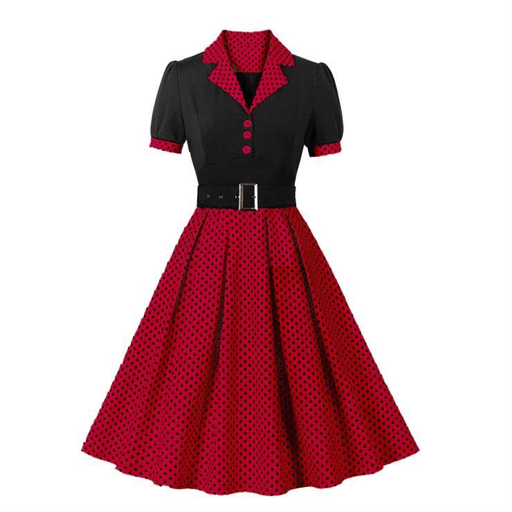 Vintage Polka Dot Collar Short Sleeve Belted Fit and Flare Dress N23714