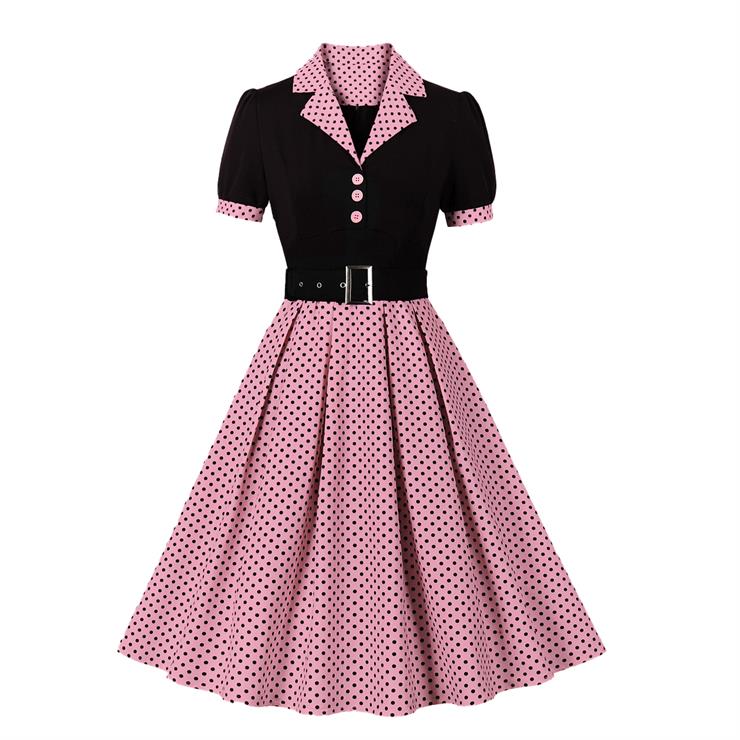 Vintage Polka Dot Collar Short Sleeve Belted Fit and Flare Dress N23713