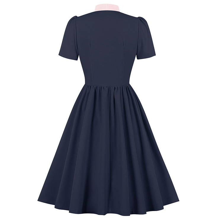 Vintage Tie Collar Front Button Short Sleeve Solid Color High Waist Cocktail Party Midi Dress N23556