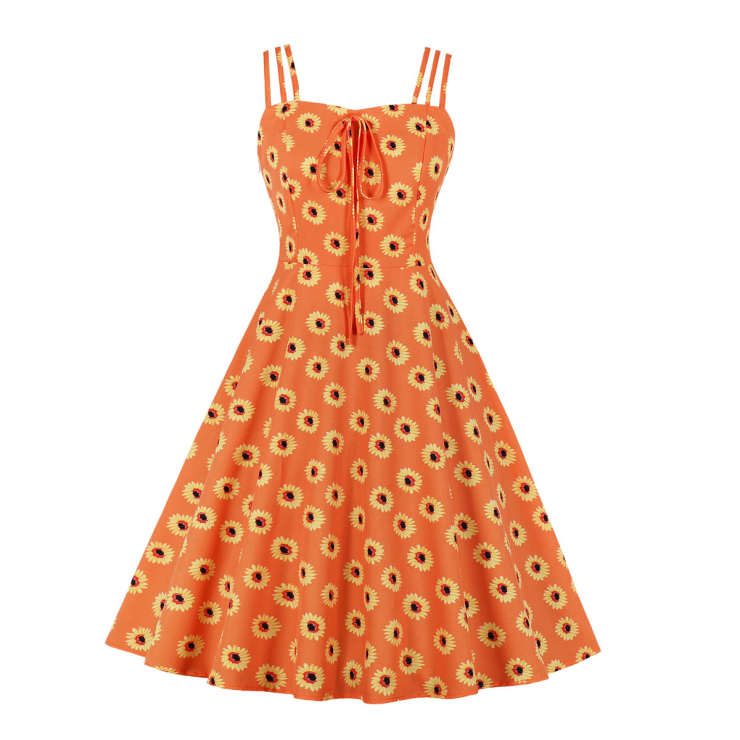 Light-purple Print Spaghetti Straps Sleeveless High Waist Summer Party Swing Slip Dress N23534
