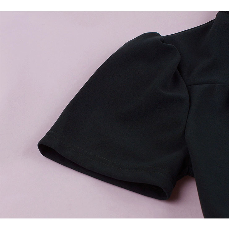 Vintage Solid Color Stand Collar Short Sleeve High Waist A-line Midi Dress N20962