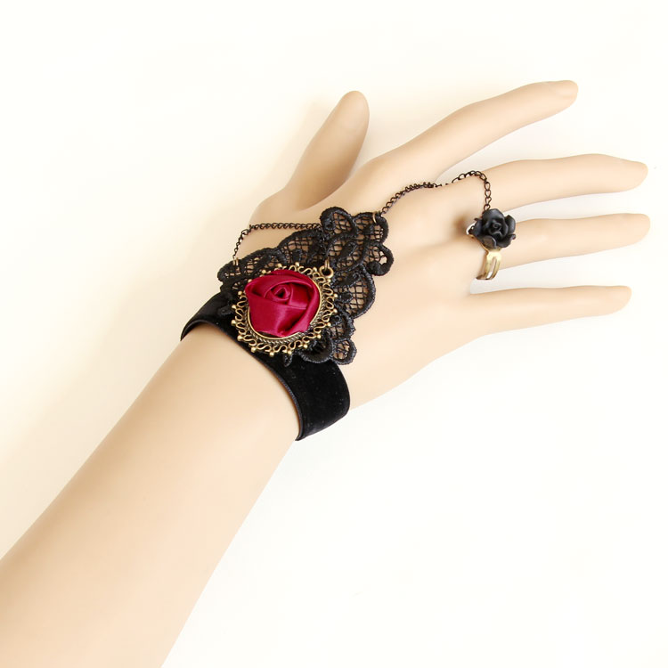 Retro Black Velvet Wristbannd Rose Lace Embellished Bracelet with Ring J18174