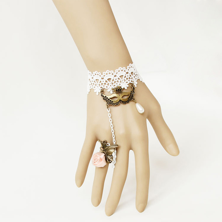 Vintage White Lace Wristband Masker Charms Bracelet with Butterfly Ring J18113