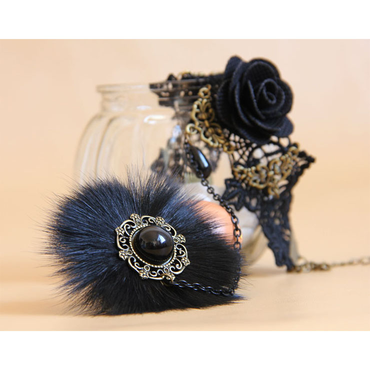 Gothic Black Floral Lace Wristband Rose Bracelet with Furry Ring J18096