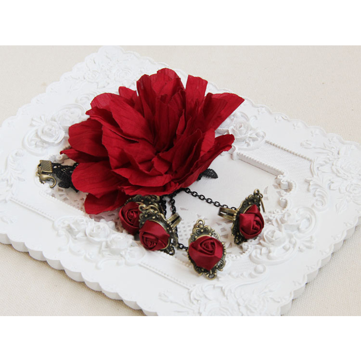 Victorian Gothic Lace Wristband Flower Bracelet with Red Rose Rings J18028