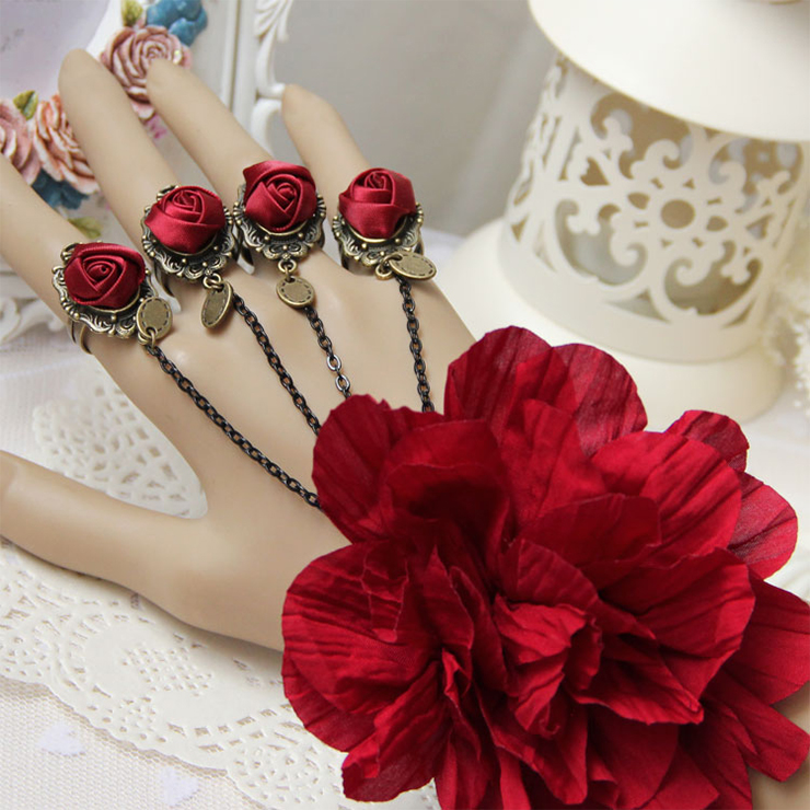 Victorian Gothic Lace Wristband Flower Bracelet with Red Rose Rings J18028