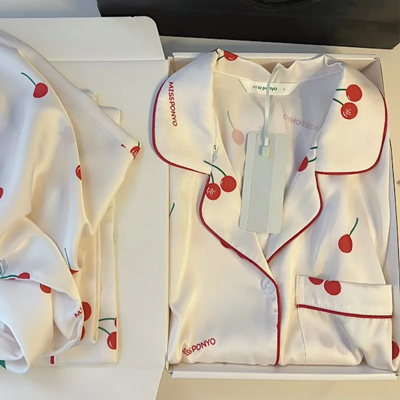 Women's Ice Silk Long Sleeve Pajama Set – French Style Cherry Print Loungewear for Spring & Autumn