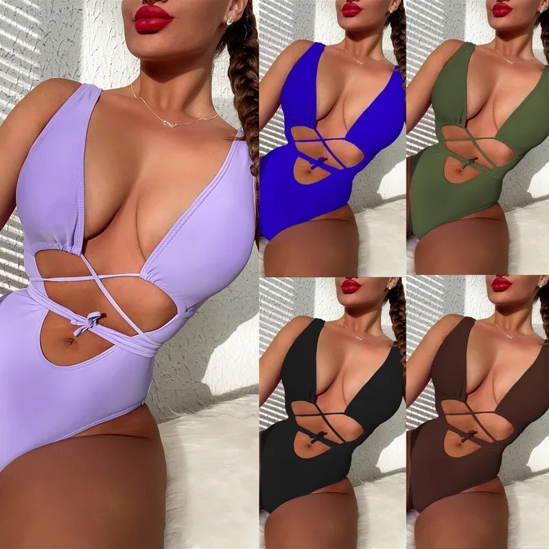 Fashionable solid colored backless one piece swimwear for women