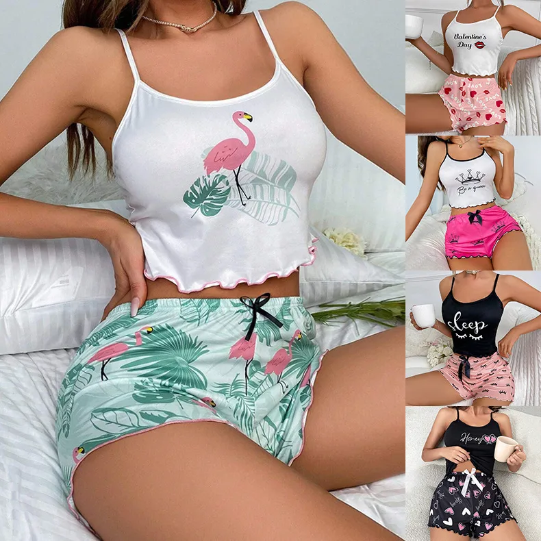 Women's Milk Silk Pajama Set – Multi-Color Printed Sling Top & Shorts Loungewear