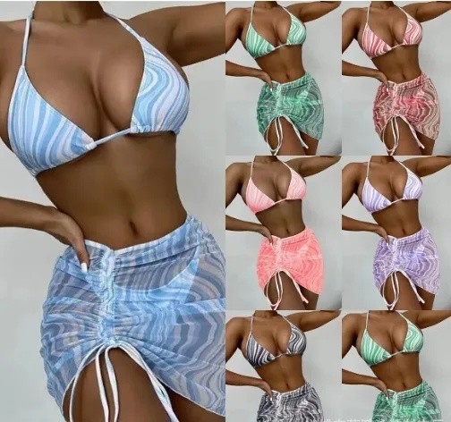Women's Three Piece Bikini Swimwear Set with Stripe Gradient Colors